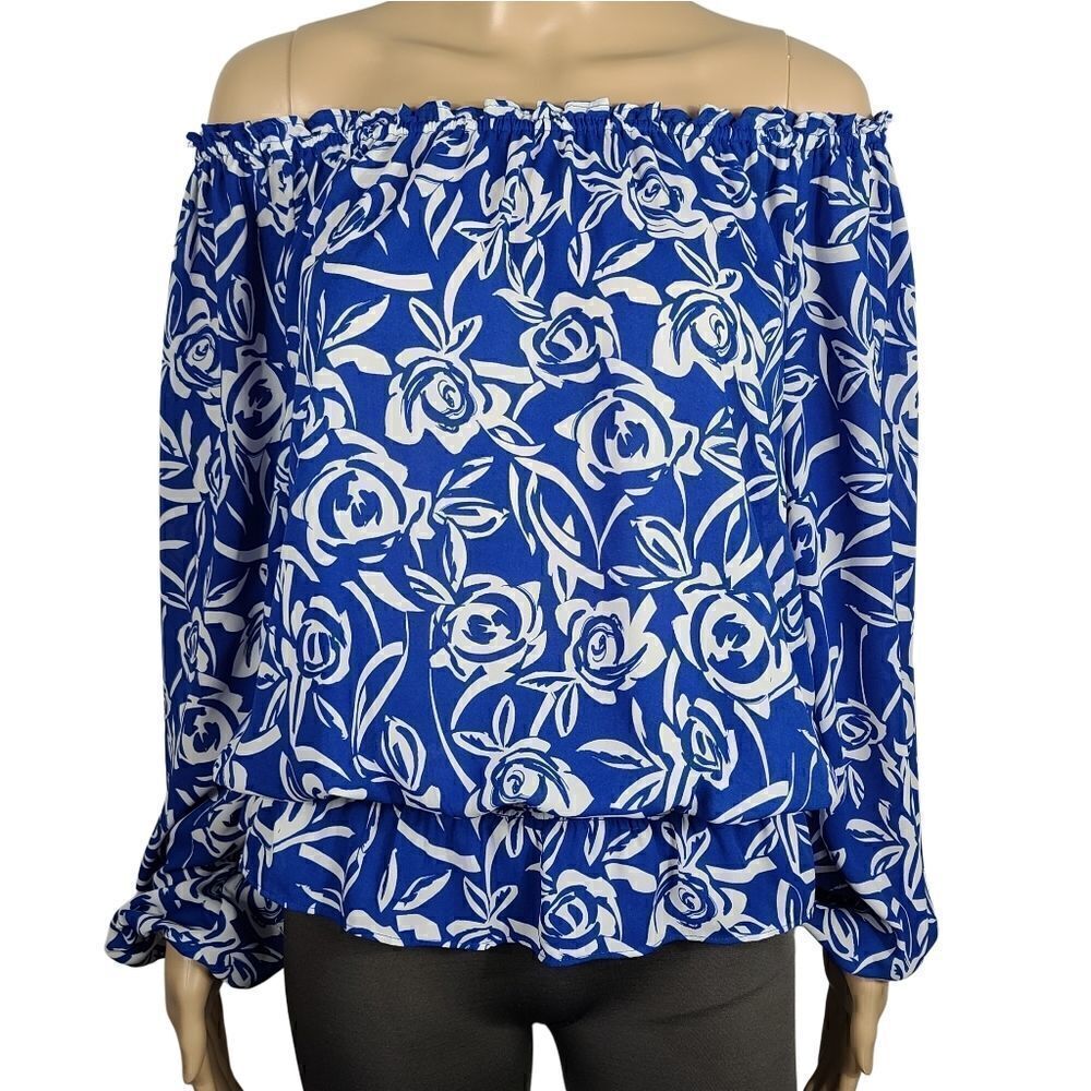 Chaus Cold Shoulder Blue Floral Blouse